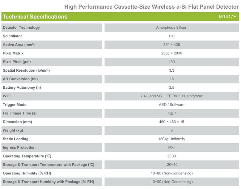 High Performance Cassette-Size Wireless a-SI Flat Panel Detector specification