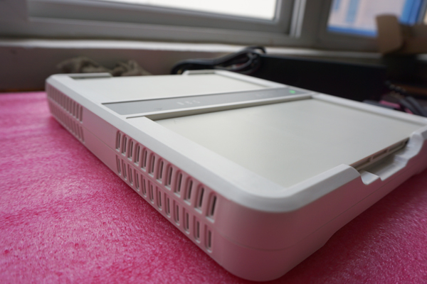 Edge of a flat panel detector showing its connector panel